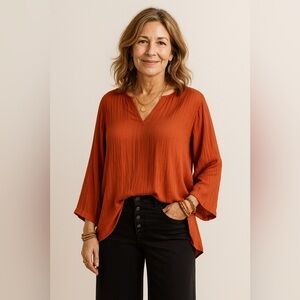 Chicos Womens Crinkle Shine Blouse Sz 3 16 18 Orange Split Neck Pullover Top